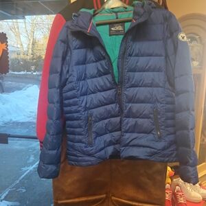 American Eagle Outfitters Blue Puffer Jacket with Green Interior